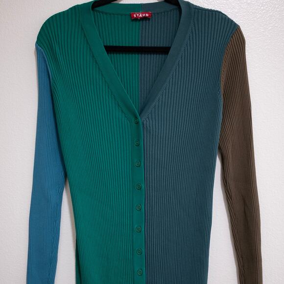 Staud Shoko Sweater Dress Fern Multi Green Colorblock Ribbed Duster Cardigan XL - Picture 4 of 6